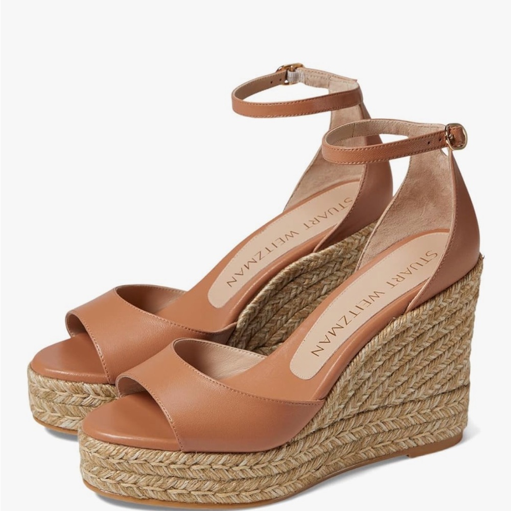 STUART Weitzman Nudistia Leather Ankle Strap Wedge Espadrille 7